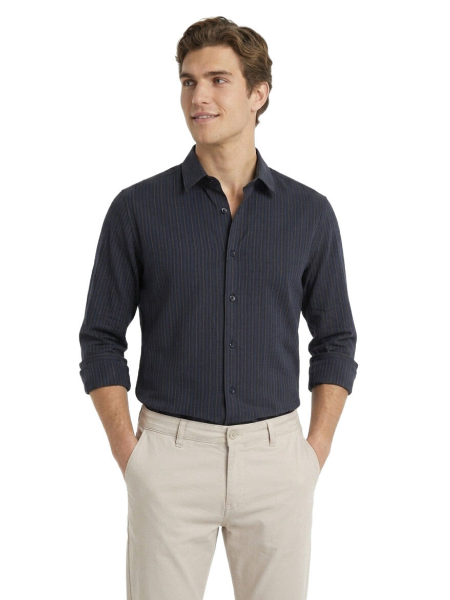 Navy Blue Striped Regular Fit Long Weaving Casual Cotton Blended Shirt - 3