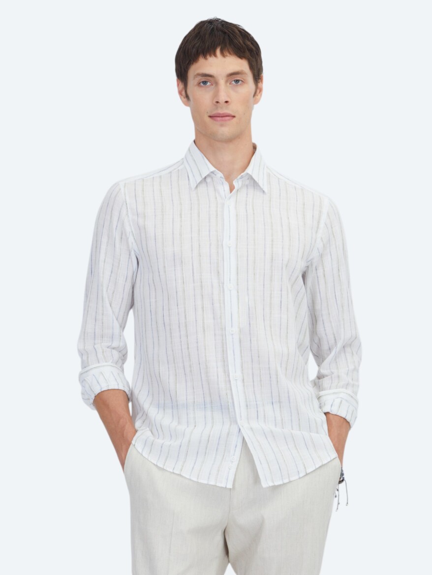 Navy Blue Striped Regular Fit Long Weaving Casual Cotton Blended Shirt - 1