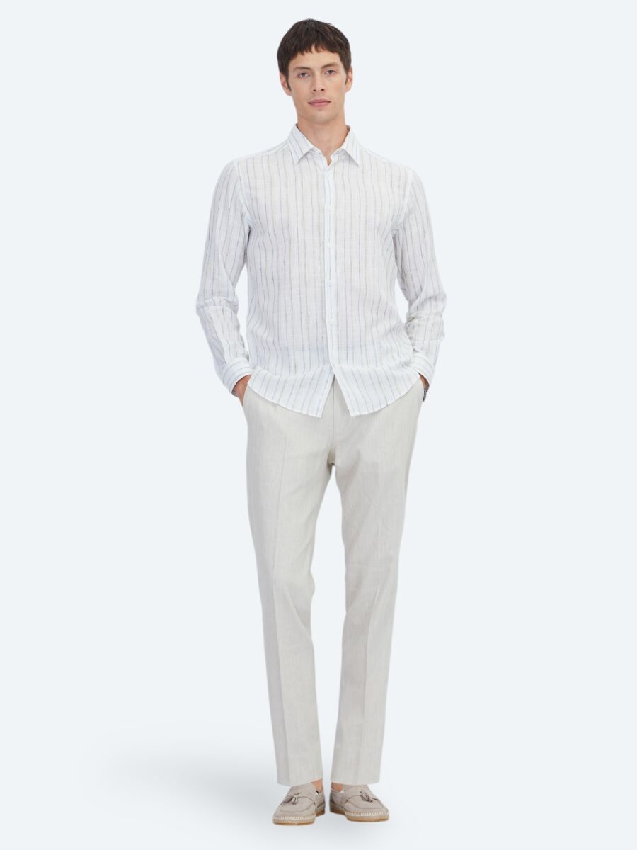 Navy Blue Striped Regular Fit Long Weaving Casual Cotton Blended Shirt - 2