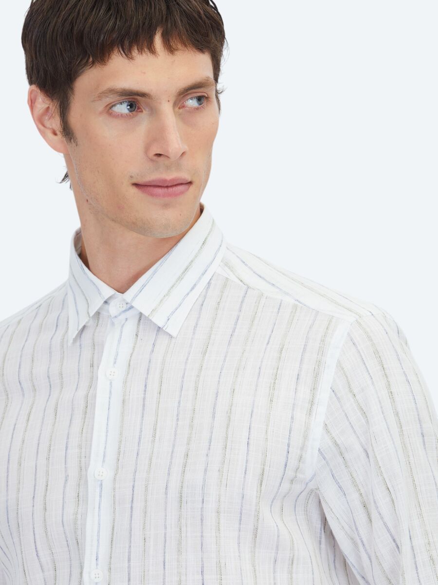 Navy Blue Striped Regular Fit Long Weaving Casual Cotton Blended Shirt - 3