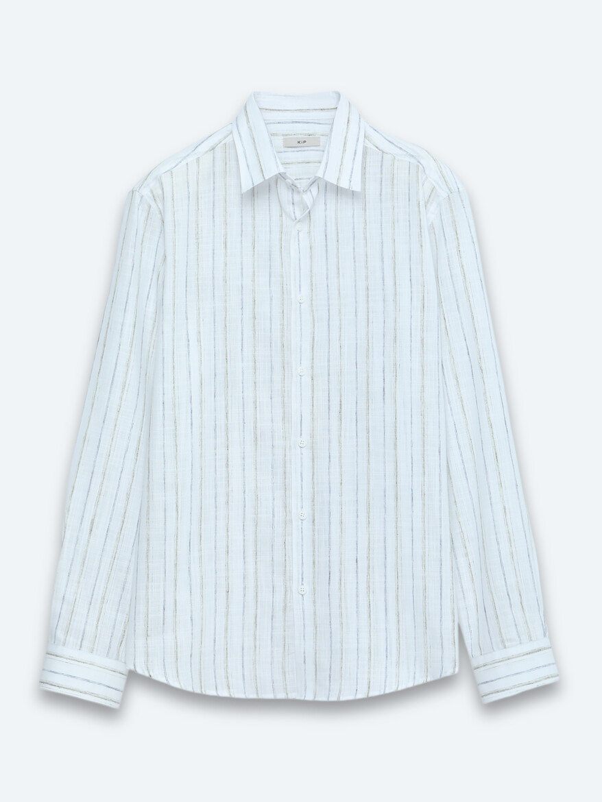 Navy Blue Striped Regular Fit Long Weaving Casual Cotton Blended Shirt - 6