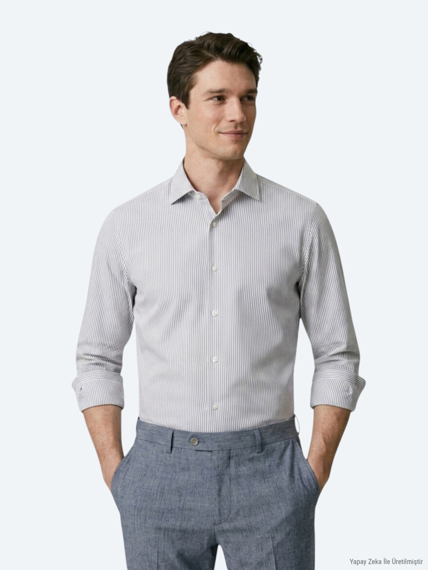 Navy Blue Striped Regular Fit Long Weaving Casual Cotton Blended Shirt - KİP