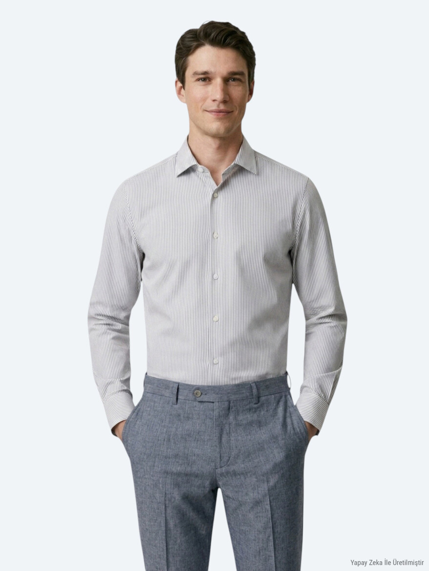 Navy Blue Striped Regular Fit Long Weaving Casual Cotton Blended Shirt - KİP