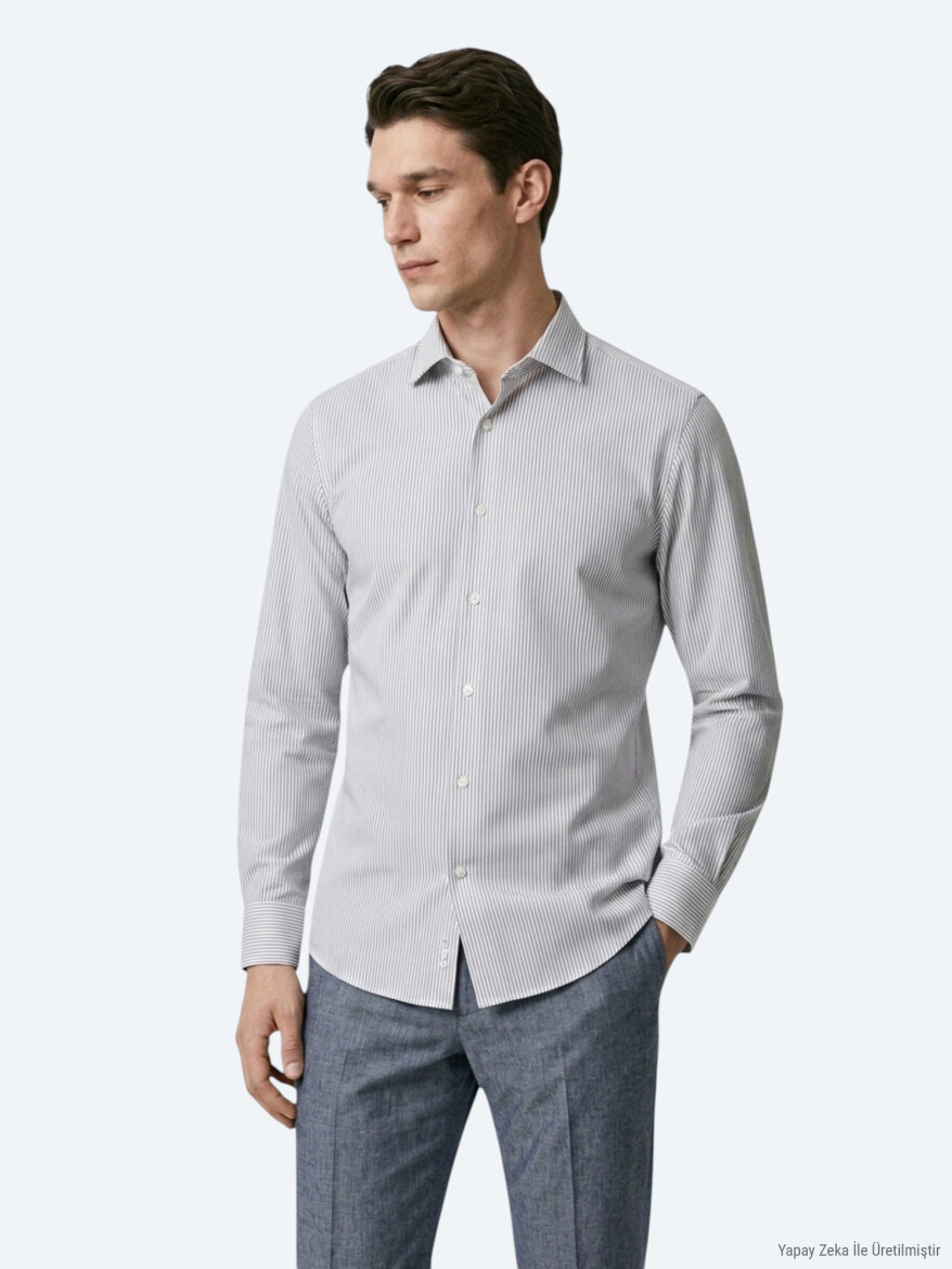 Navy Blue Striped Regular Fit Long Weaving Casual Cotton Blended Shirt - 3