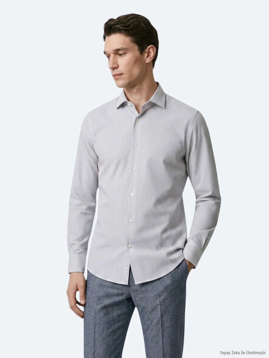 Navy Blue Striped Regular Fit Long Weaving Casual Cotton Blended Shirt - 3