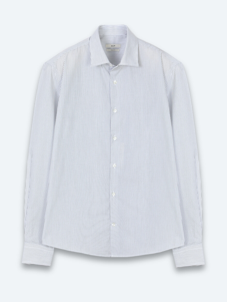 Navy Blue Striped Regular Fit Long Weaving Casual Cotton Blended Shirt - 6