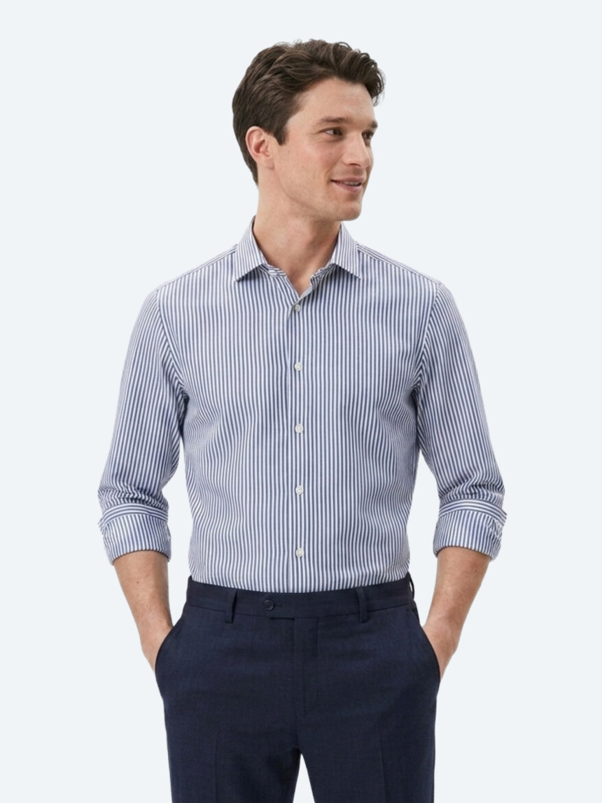 Navy Blue Striped Regular Fit Long Weaving Casual Cotton Blended Shirt - KİP