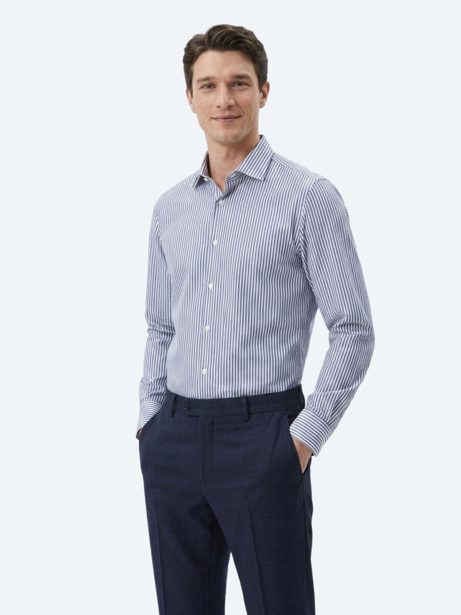 Navy Blue Striped Regular Fit Long Weaving Casual Cotton Blended Shirt - 2