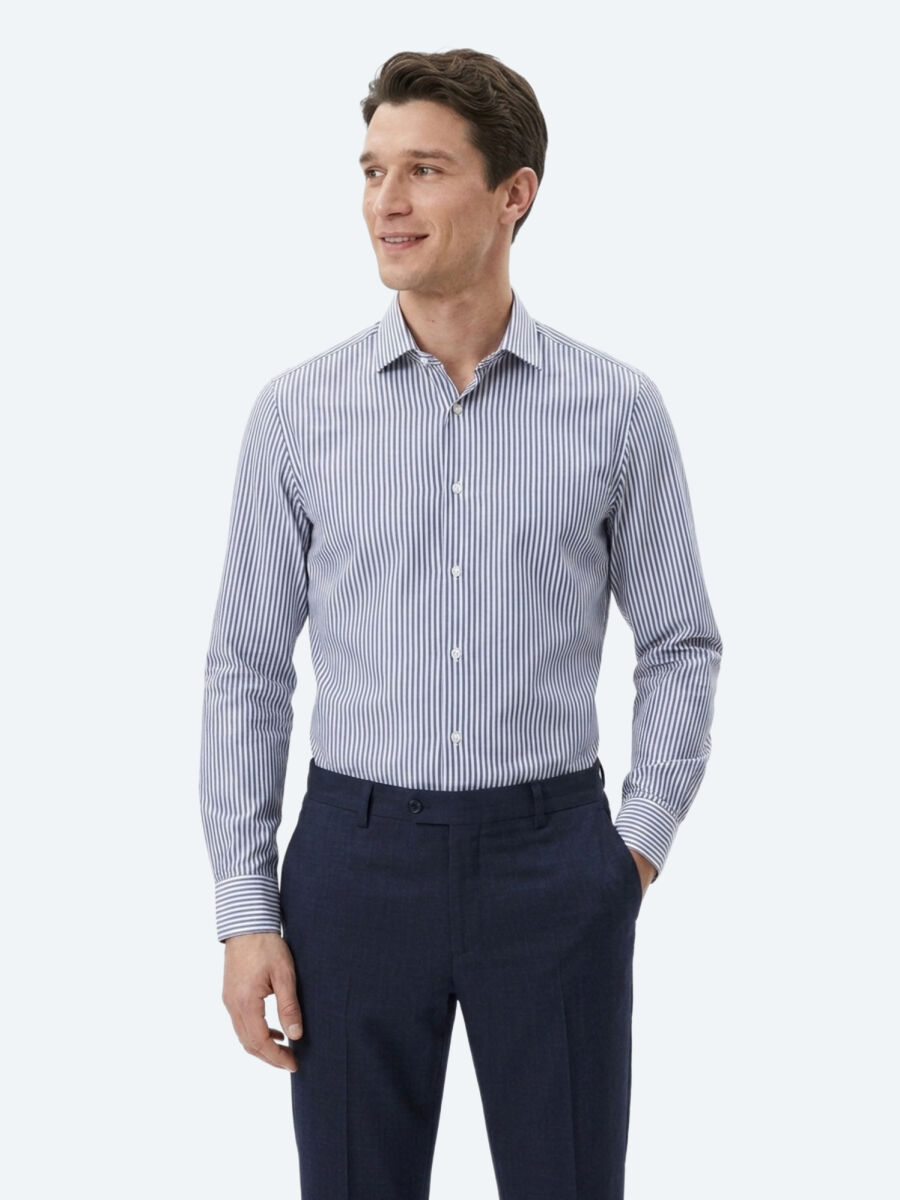 Navy Blue Striped Regular Fit Long Weaving Casual Cotton Blended Shirt - 3