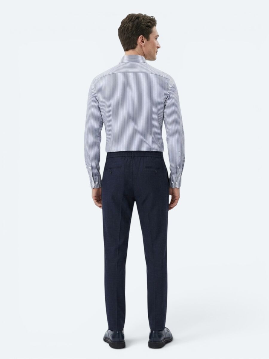Navy Blue Striped Regular Fit Long Weaving Casual Cotton Blended Shirt - 5