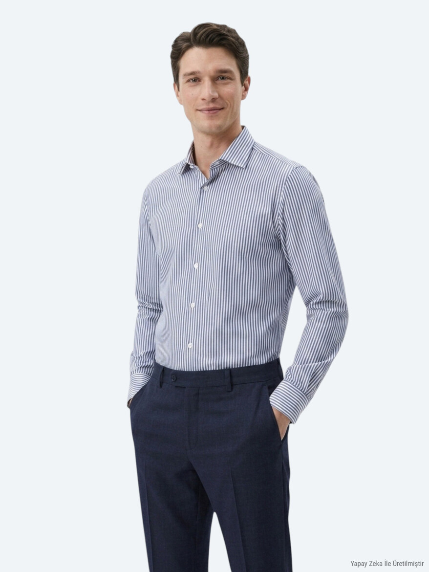 Navy Blue Striped Regular Fit Long Weaving Casual Cotton Blended Shirt - KİP