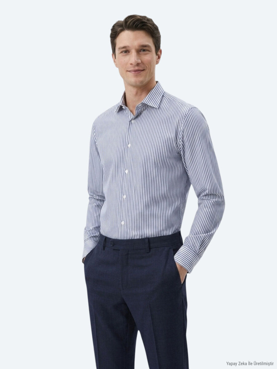 Navy Blue Striped Regular Fit Long Weaving Casual Cotton Blended Shirt - 2