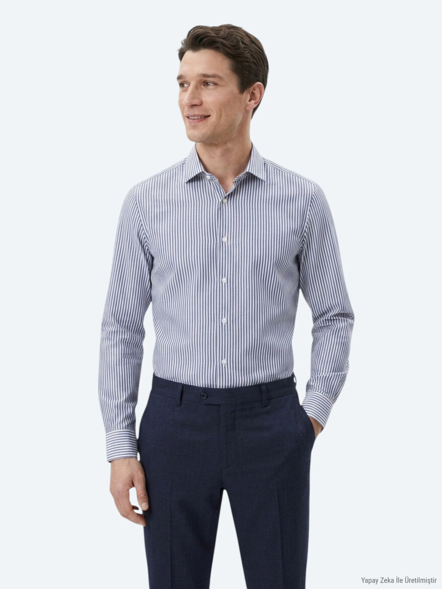 Navy Blue Striped Regular Fit Long Weaving Casual Cotton Blended Shirt - 3