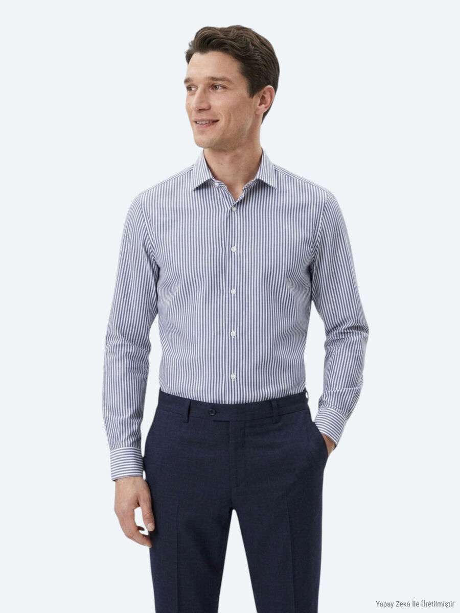 Navy Blue Striped Regular Fit Long Weaving Casual Cotton Blended Shirt - 3