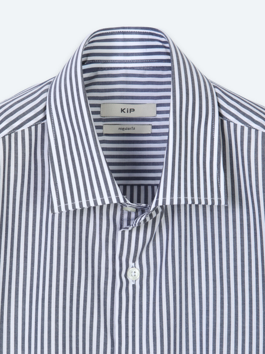 Navy Blue Striped Regular Fit Long Weaving Casual Cotton Blended Shirt - 7