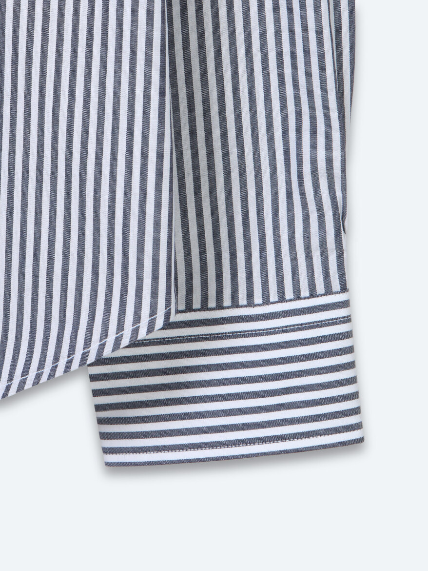 Navy Blue Striped Regular Fit Long Weaving Casual Cotton Blended Shirt - 8