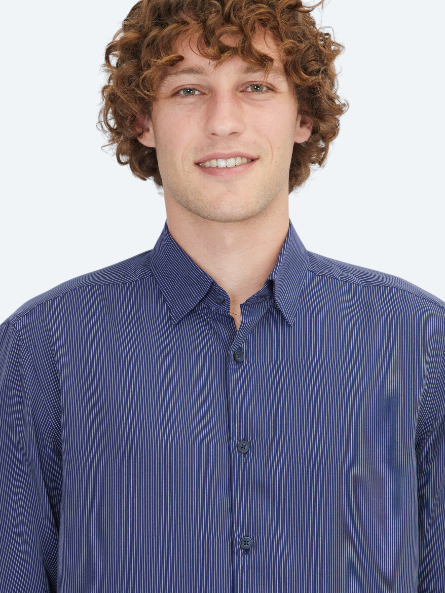 Navy Blue Striped Regular Fit Long Weaving Casual Shirt - 3
