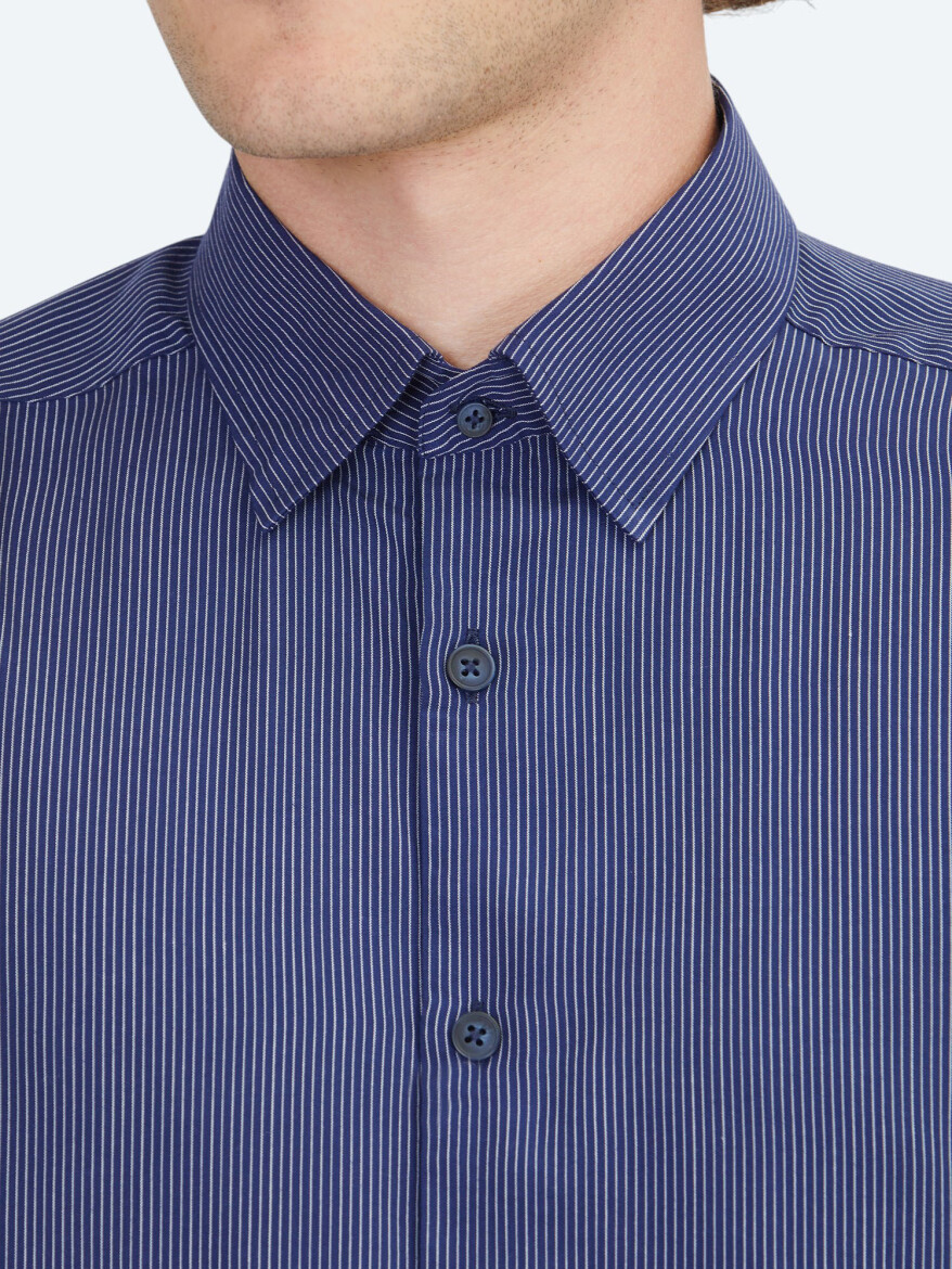 Navy Blue Striped Regular Fit Long Weaving Casual Shirt - 5