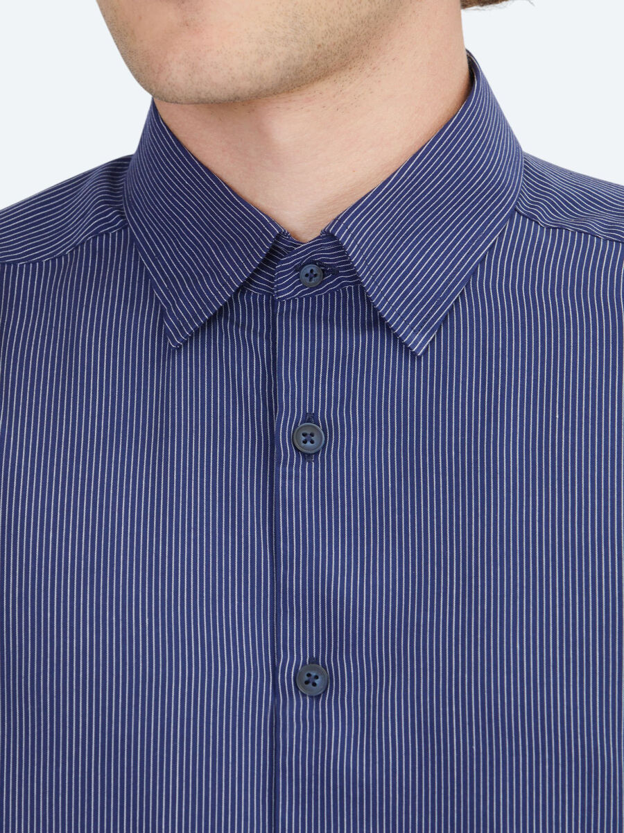 Navy Blue Striped Regular Fit Long Weaving Casual Shirt - 5
