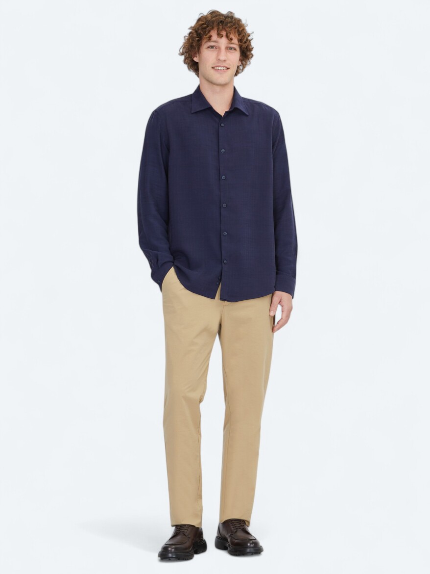 Navy Blue Striped Regular Fit Long Weaving Casual Shirt - 2