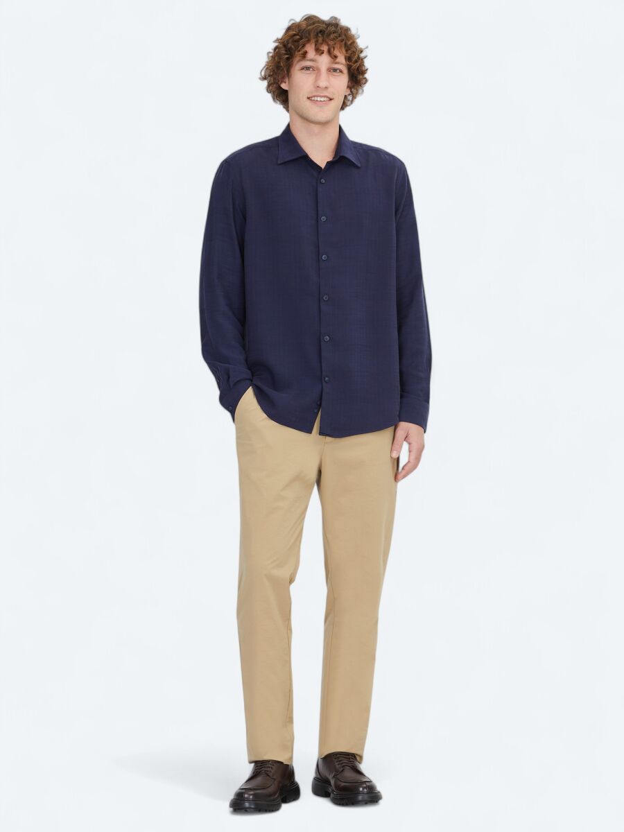 Navy Blue Striped Regular Fit Long Weaving Casual Shirt - 2