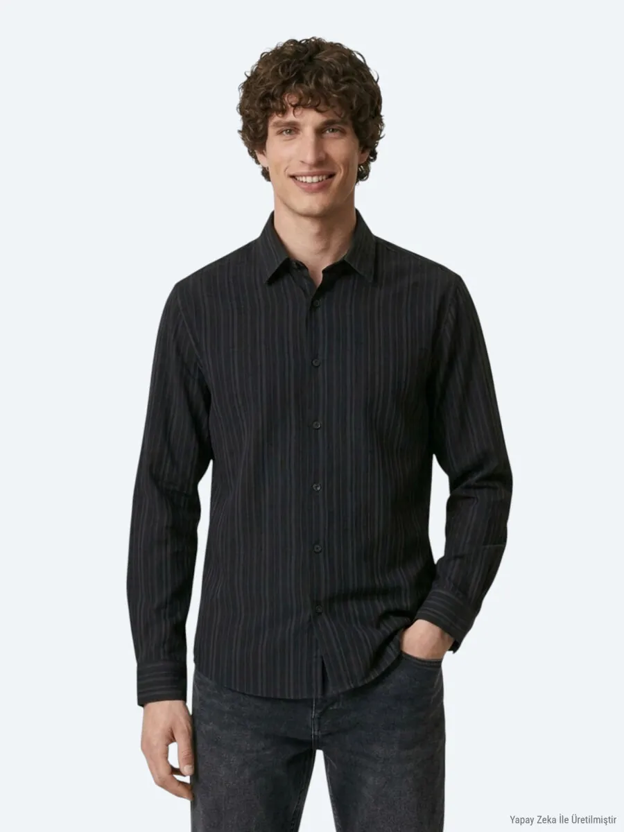 Navy Blue Striped Regular Fit Long Weaving Casual Shirt - 1