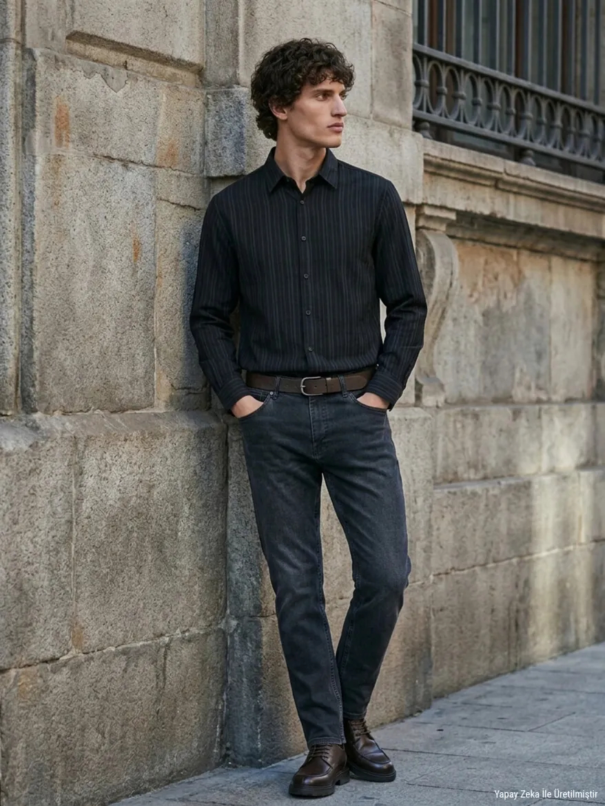 Navy Blue Striped Regular Fit Long Weaving Casual Shirt - KİP