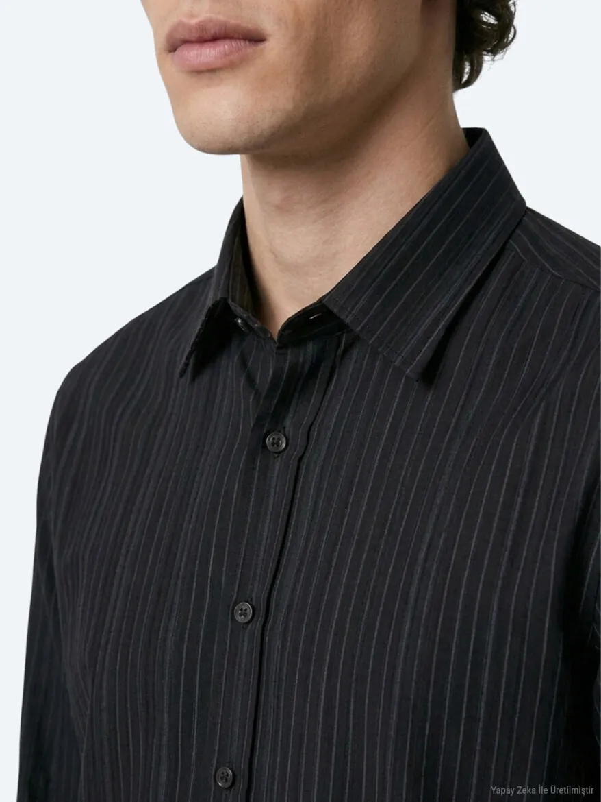 Navy Blue Striped Regular Fit Long Weaving Casual Shirt - 3