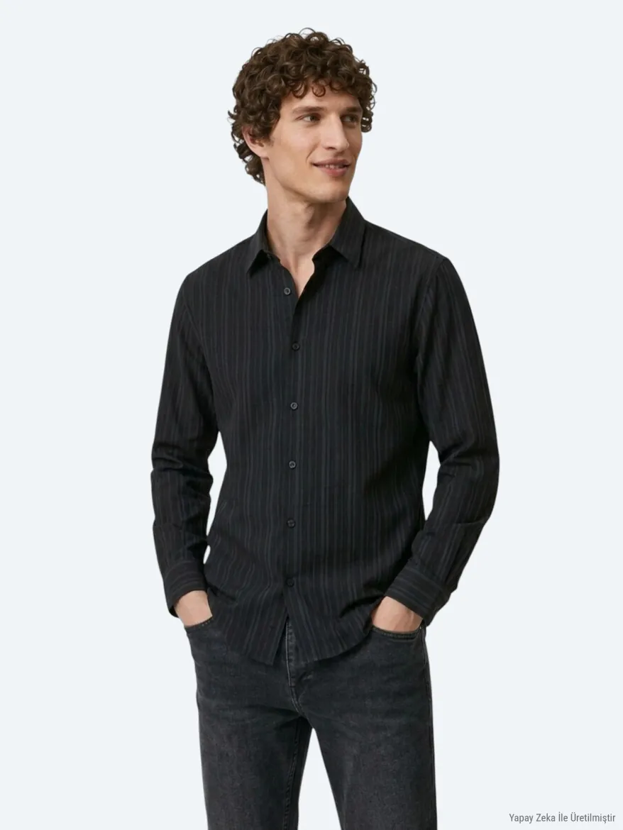 Navy Blue Striped Regular Fit Long Weaving Casual Shirt - 4