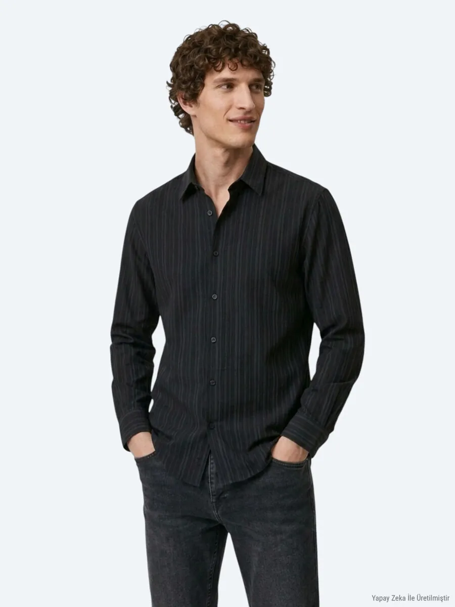 Navy Blue Striped Regular Fit Long Weaving Casual Shirt - 4