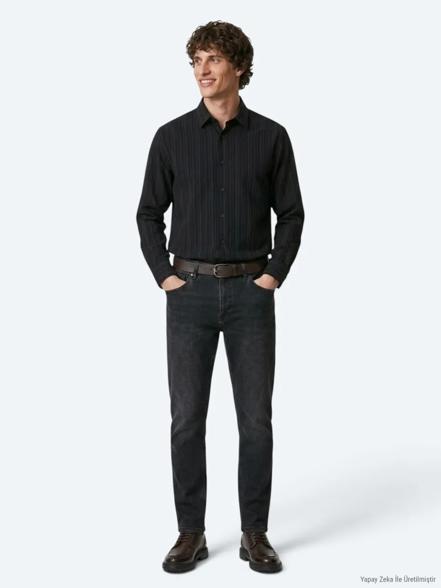 Navy Blue Striped Regular Fit Long Weaving Casual Shirt - 5