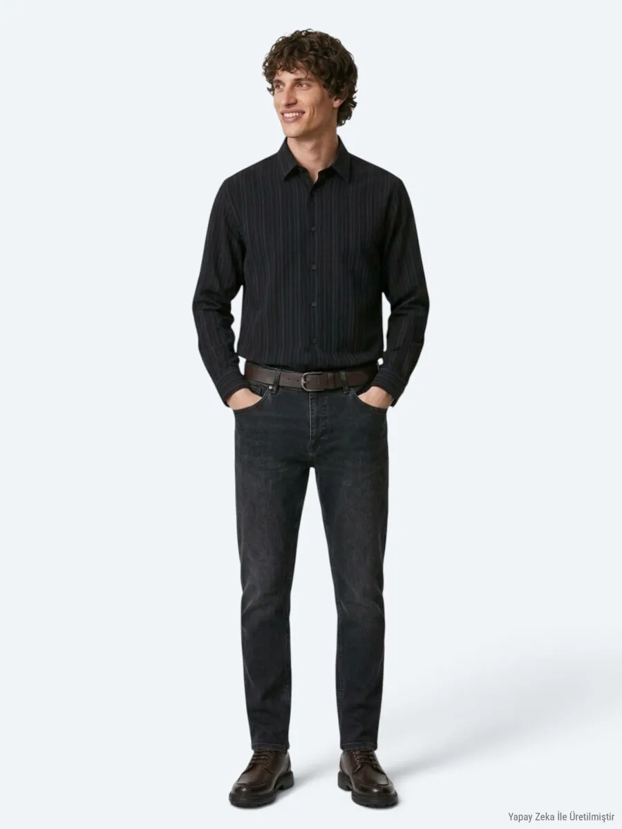 Navy Blue Striped Regular Fit Long Weaving Casual Shirt - 5