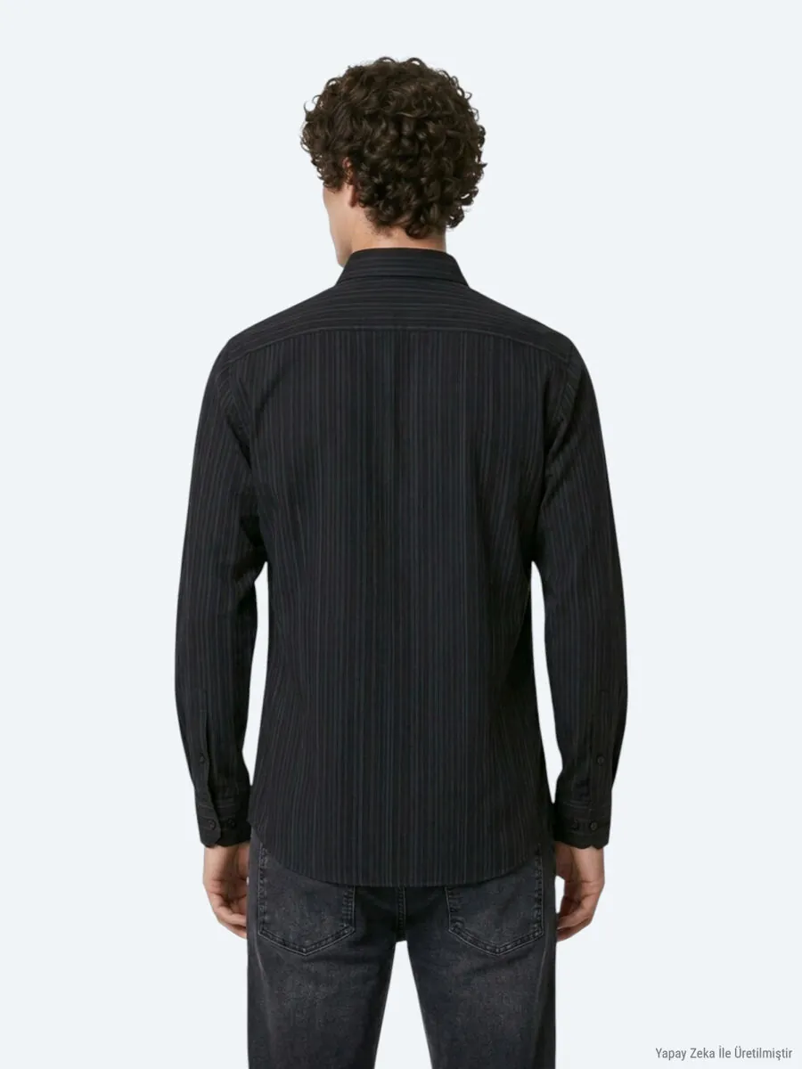 Navy Blue Striped Regular Fit Long Weaving Casual Shirt - 6