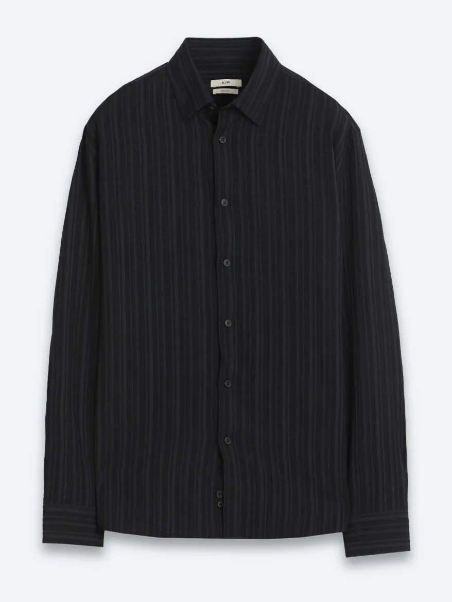 Navy Blue Striped Regular Fit Long Weaving Casual Shirt - 7