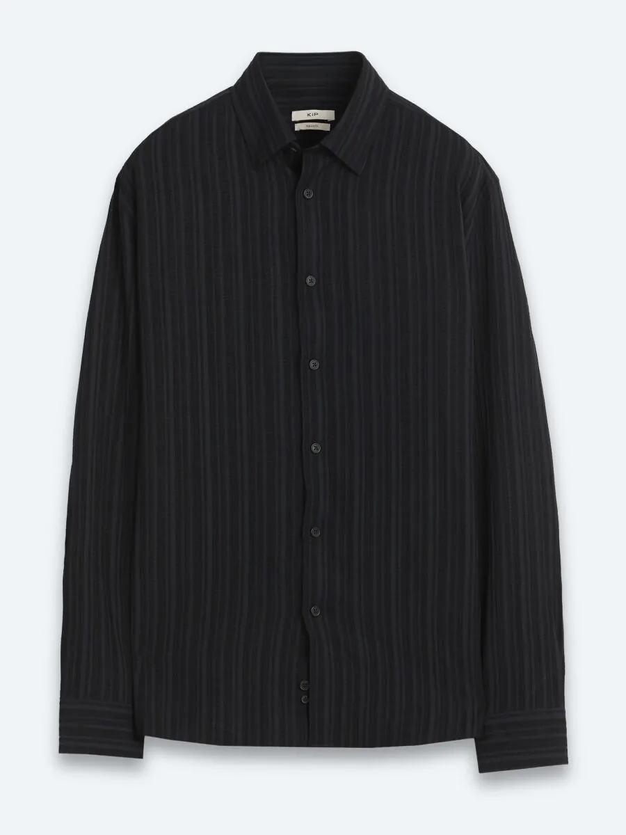 Navy Blue Striped Regular Fit Long Weaving Casual Shirt - 7