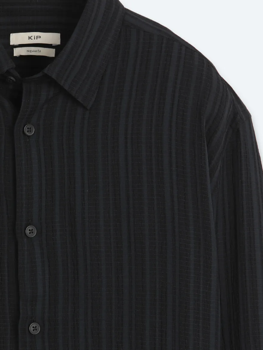 Navy Blue Striped Regular Fit Long Weaving Casual Shirt - 8