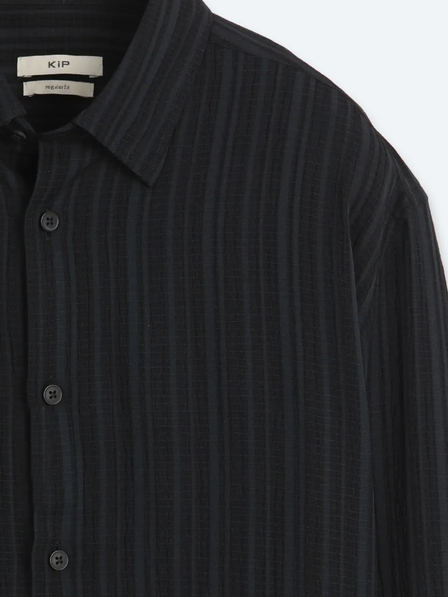 Navy Blue Striped Regular Fit Long Weaving Casual Shirt - 8