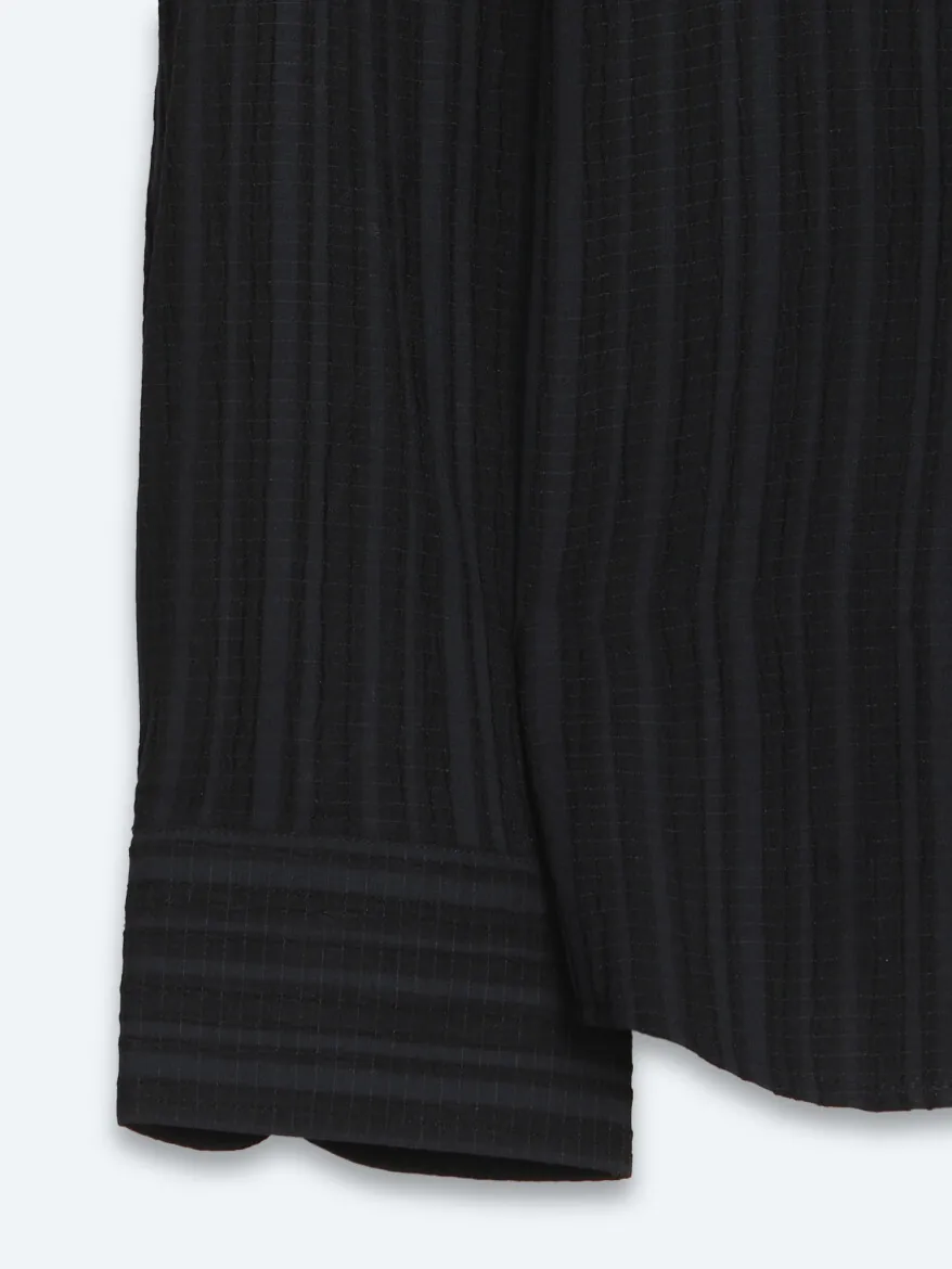 Navy Blue Striped Regular Fit Long Weaving Casual Shirt - 11