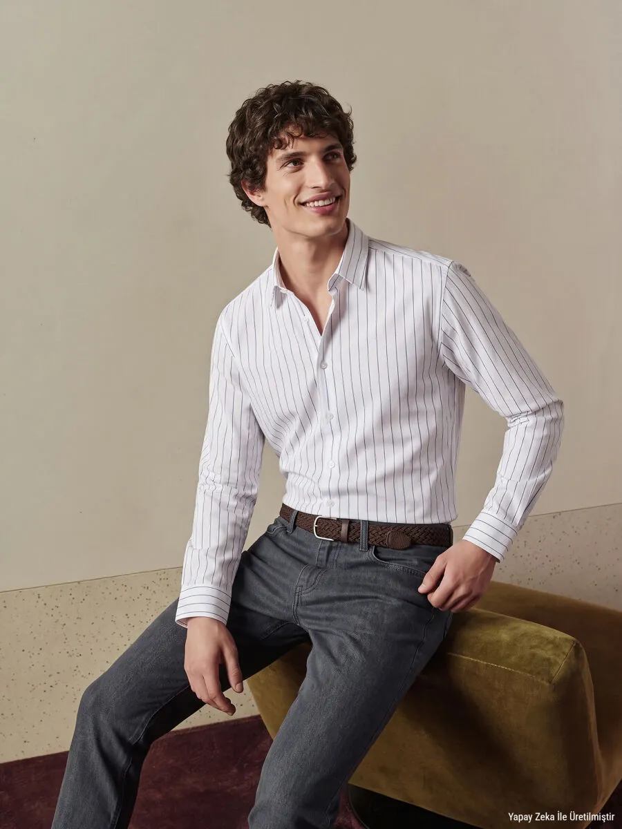 Navy Blue Striped Regular Fit Long Weaving Classical Shirt - 2