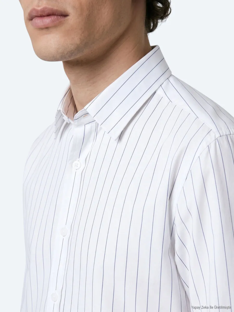 Navy Blue Striped Regular Fit Long Weaving Classical Shirt - 4