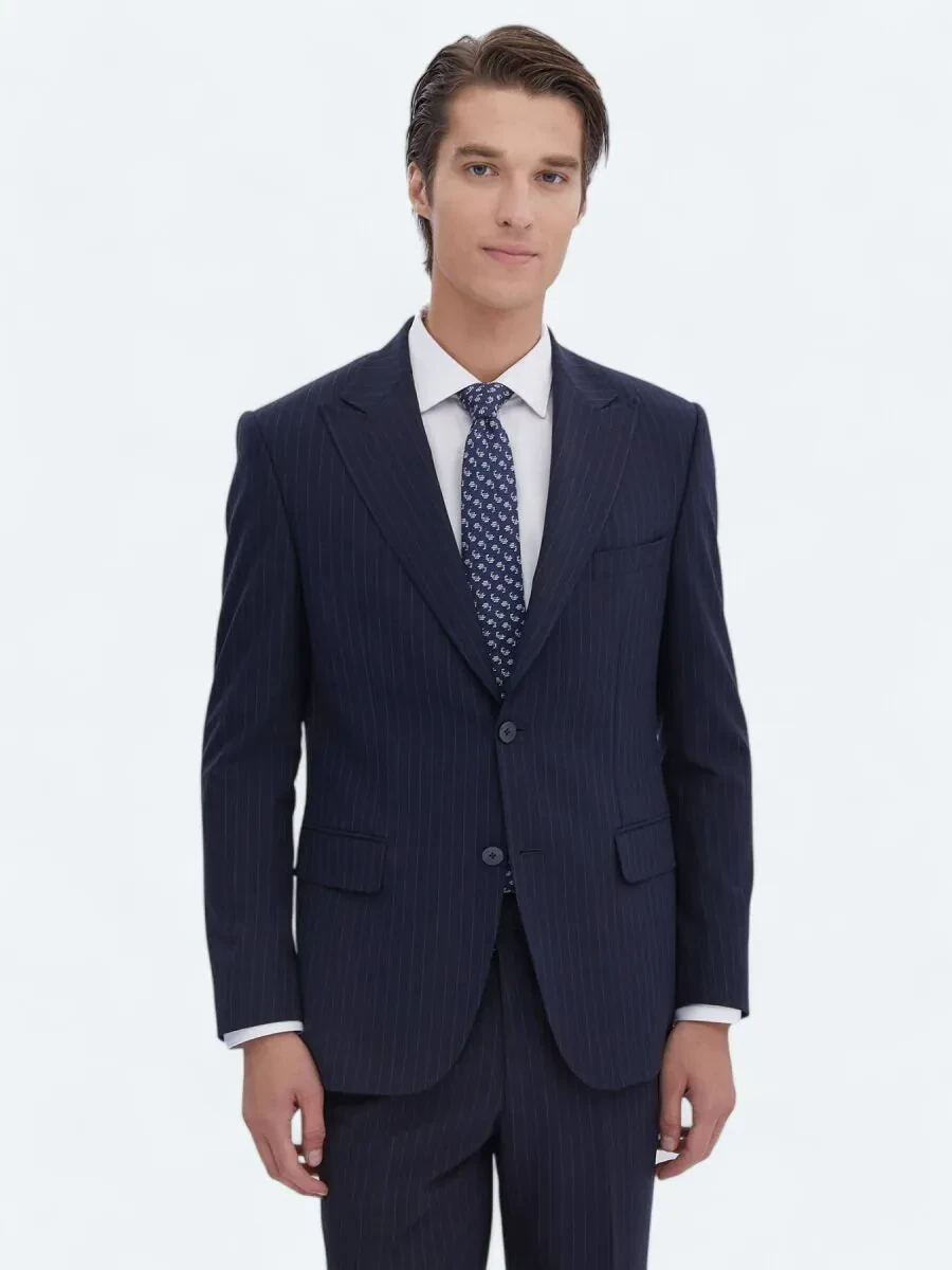 Navy Blue Striped Regular Fit Recycled Suit - 1