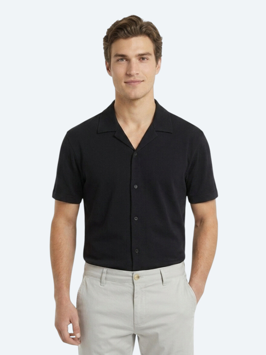 Navy Blue Striped Regular Fit Short Knitting Casual 100% Cotton Shirt - 2