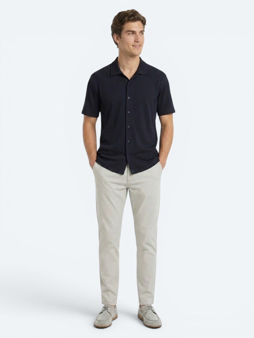 Navy Blue Striped Regular Fit Short Knitting Casual Shirt - KİP