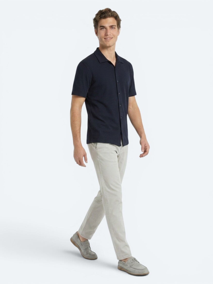 Navy Blue Striped Regular Fit Short Knitting Casual Shirt - 3