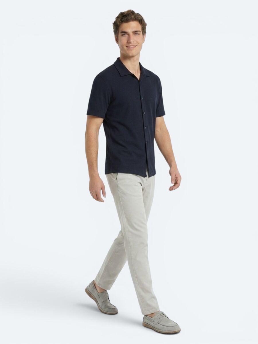 Navy Blue Striped Regular Fit Short Knitting Casual Shirt - 3