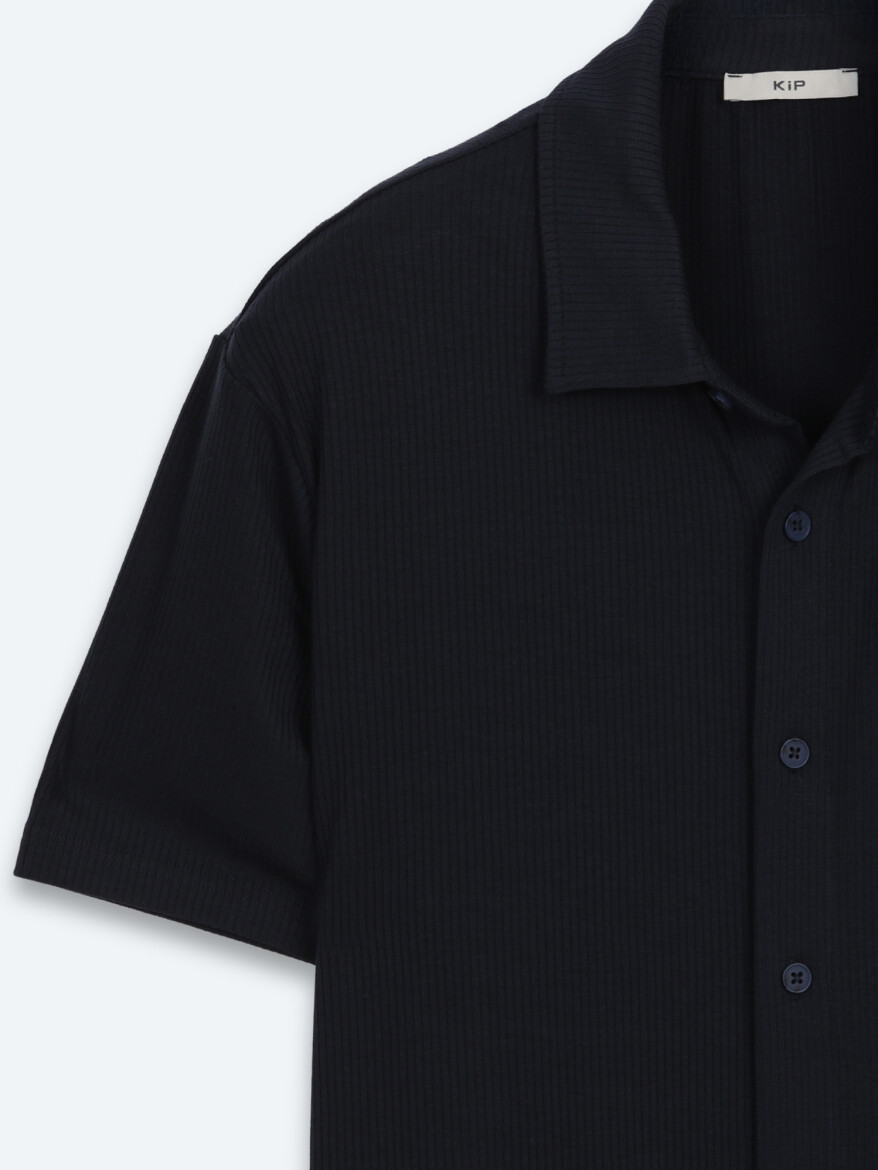 Navy Blue Striped Regular Fit Short Knitting Casual Shirt - 6
