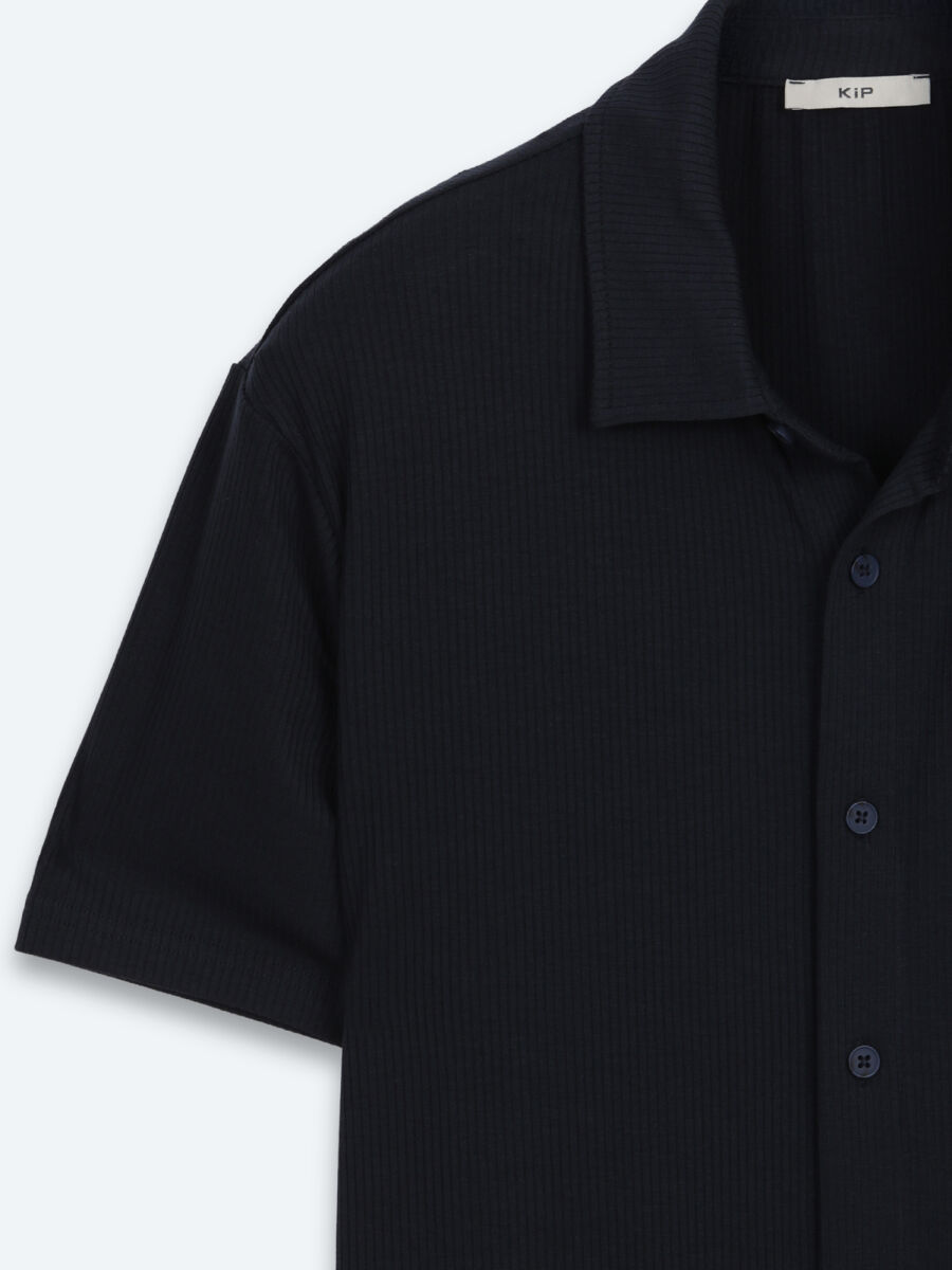 Navy Blue Striped Regular Fit Short Knitting Casual Shirt - 6