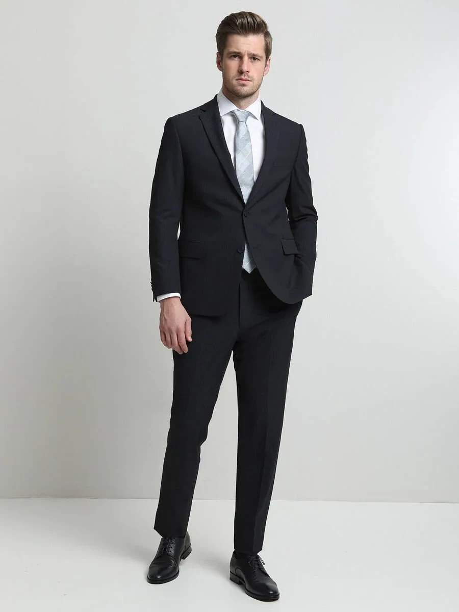Navy Blue Striped Regular Fit Suit - 1