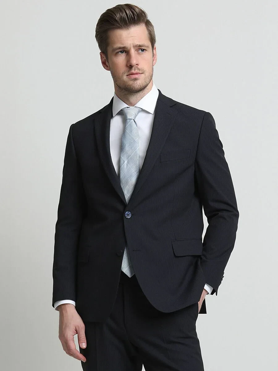 Navy Blue Striped Regular Fit Suit - 3