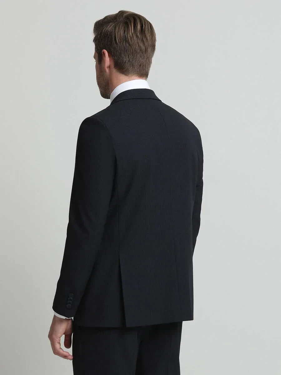 Navy Blue Striped Regular Fit Suit - 4